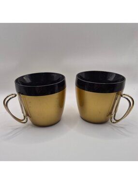 Vintage MCM West Bend Thermo Serv  Gold  lack Mugs Metallic Handles Set Of 2